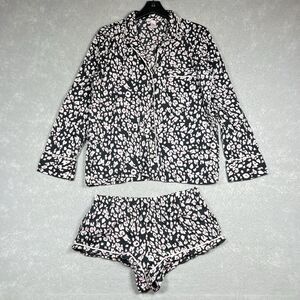 Victoria's Secret  Pajamas Womens Medium Black  Pink Leopard Shirt Shorts PJ Set